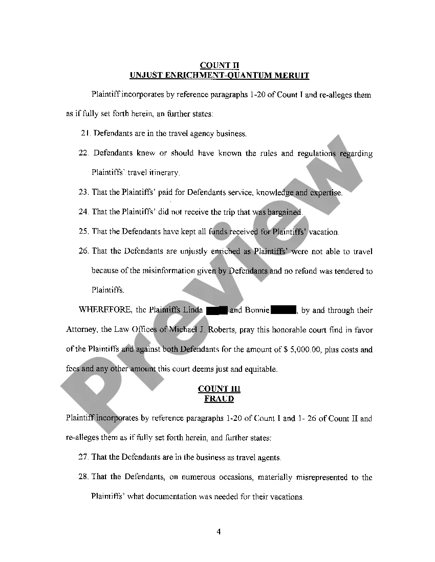 Get Verified Complaint alleging Quantum Meruit and Unjust Enrichment regarding vacation planning Preview Verified Complaint alleging Quantum Meruit and Unjust Enrichment regarding vacation planning