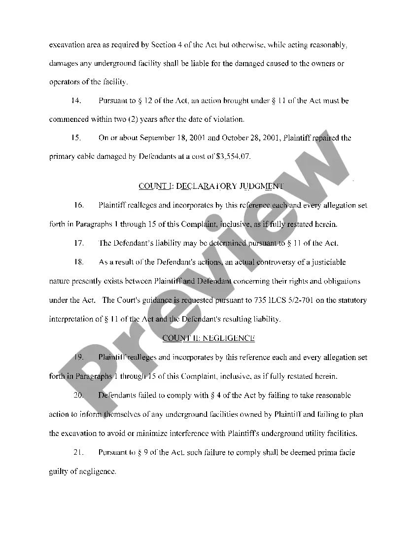 Preview A01 Complaint for Damage to Underground Utility by Excavator