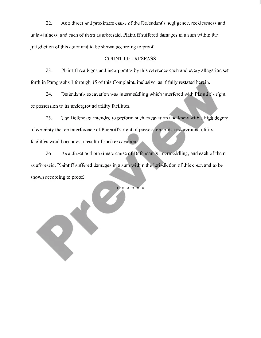 Preview A01 Complaint for Damage to Underground Utility by Excavator