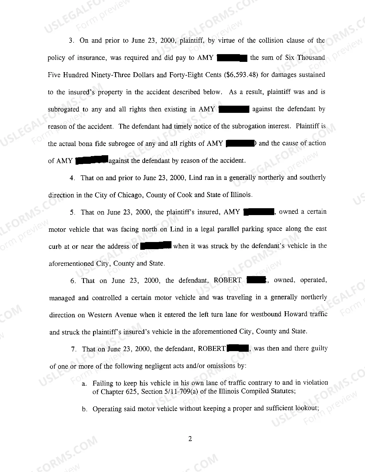 Preview A02 Complaint At Law in Subrogation Against Negligent Driver