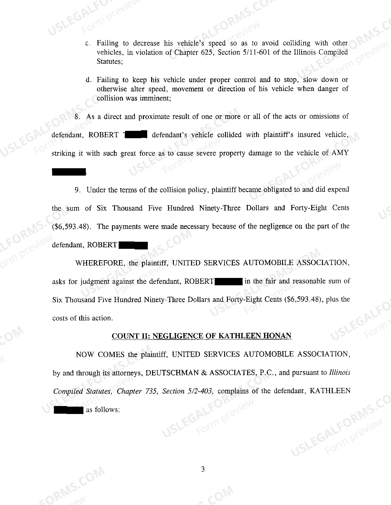 Preview A02 Complaint At Law in Subrogation Against Negligent Driver