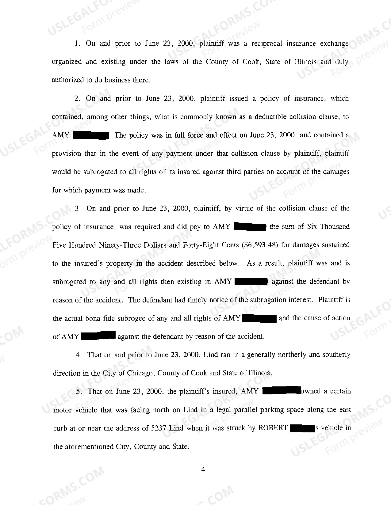 Preview A02 Complaint At Law in Subrogation Against Negligent Driver