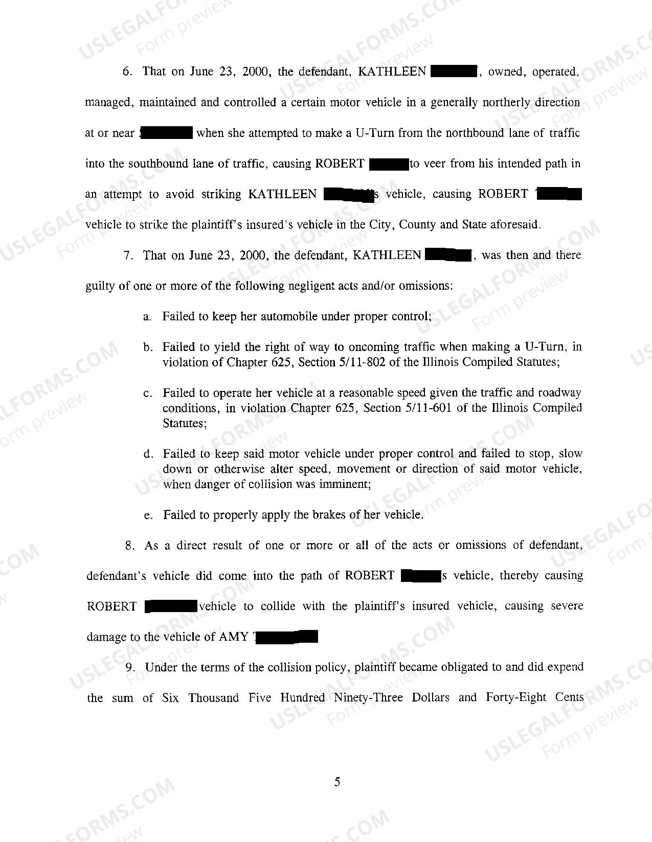 Preview A02 Complaint At Law in Subrogation Against Negligent Driver