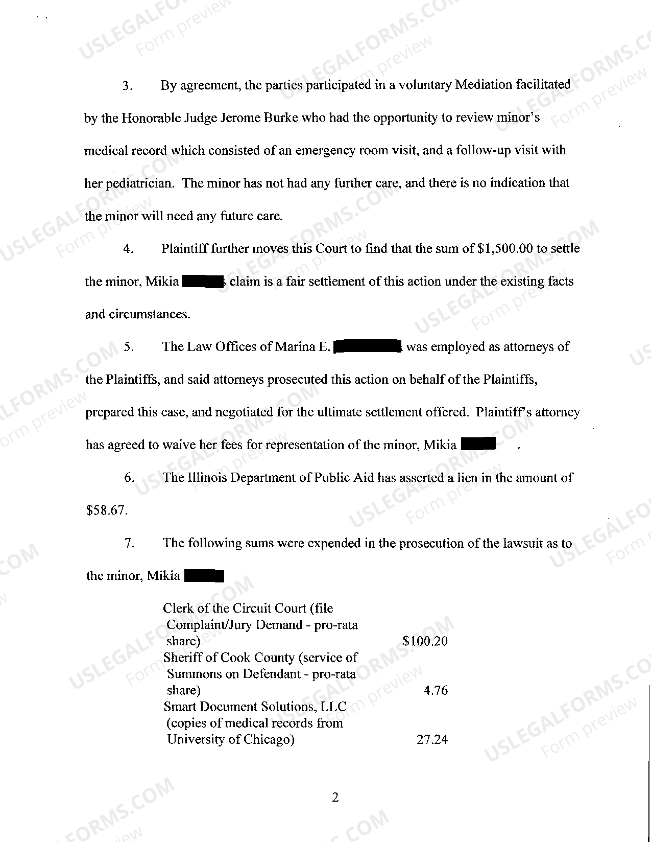 Illinois Motion For Order Approving Settlement, Disbursement And