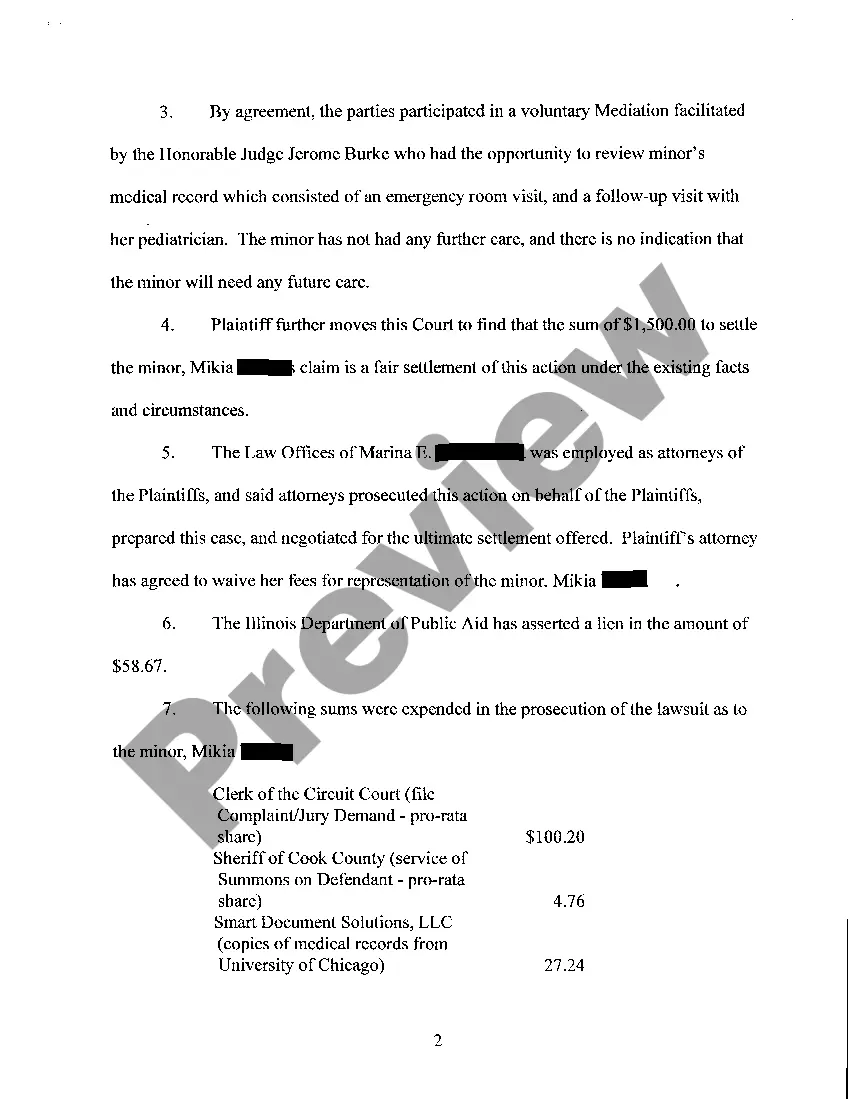 Preview Motion For Order Approving Settlement, Disbursement And Distribution to a Minor