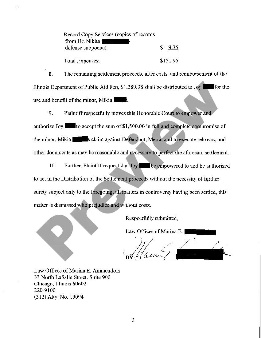 Preview Motion For Order Approving Settlement, Disbursement And Distribution to a Minor