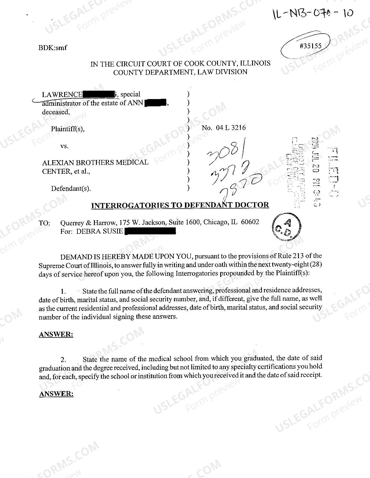 Cook Illinois Interrogatories to Defendant Doctor US Legal Forms