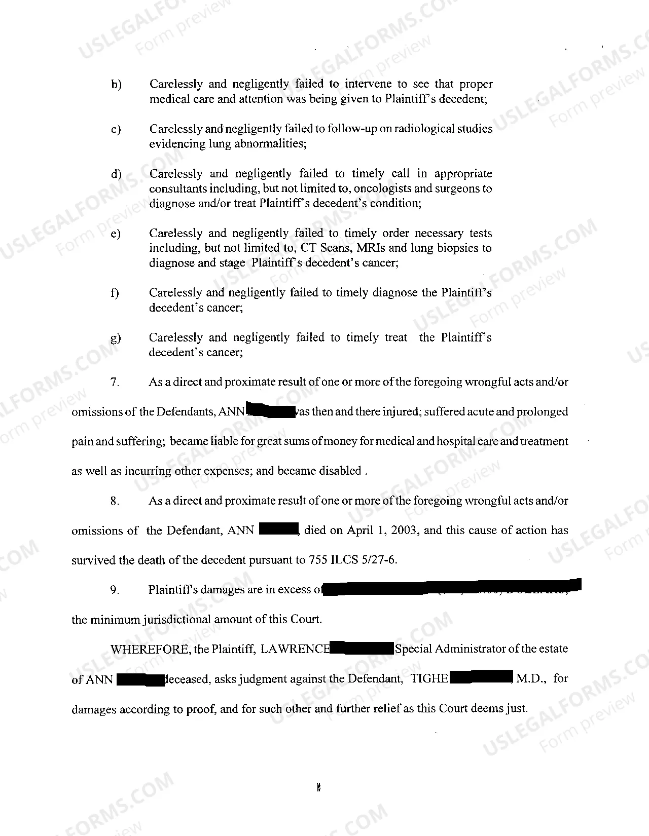 Preview A01 Complaint at Law Alleging Medical Malpractice Against Physicians and Hospital Involving Death of Patient From Lung Cancer