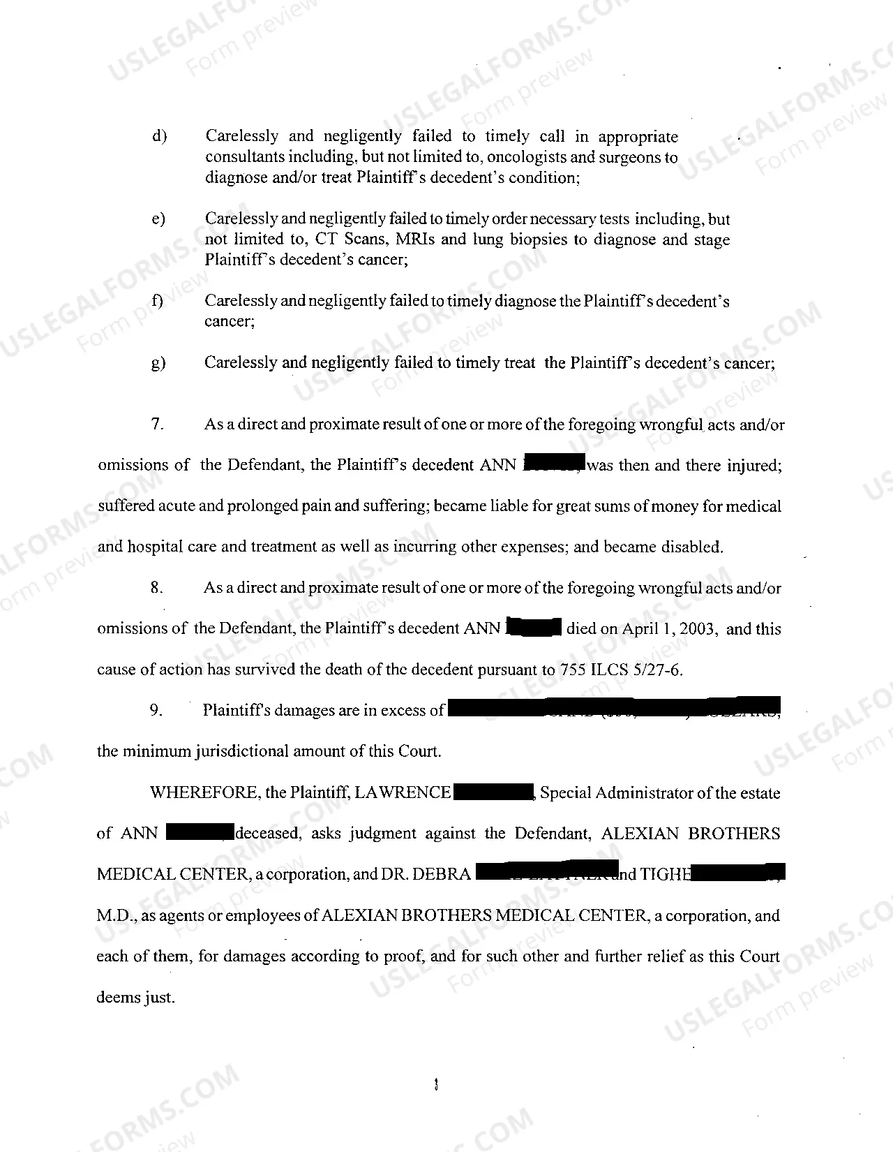 Preview A01 Complaint at Law Alleging Medical Malpractice Against Physicians and Hospital Involving Death of Patient From Lung Cancer