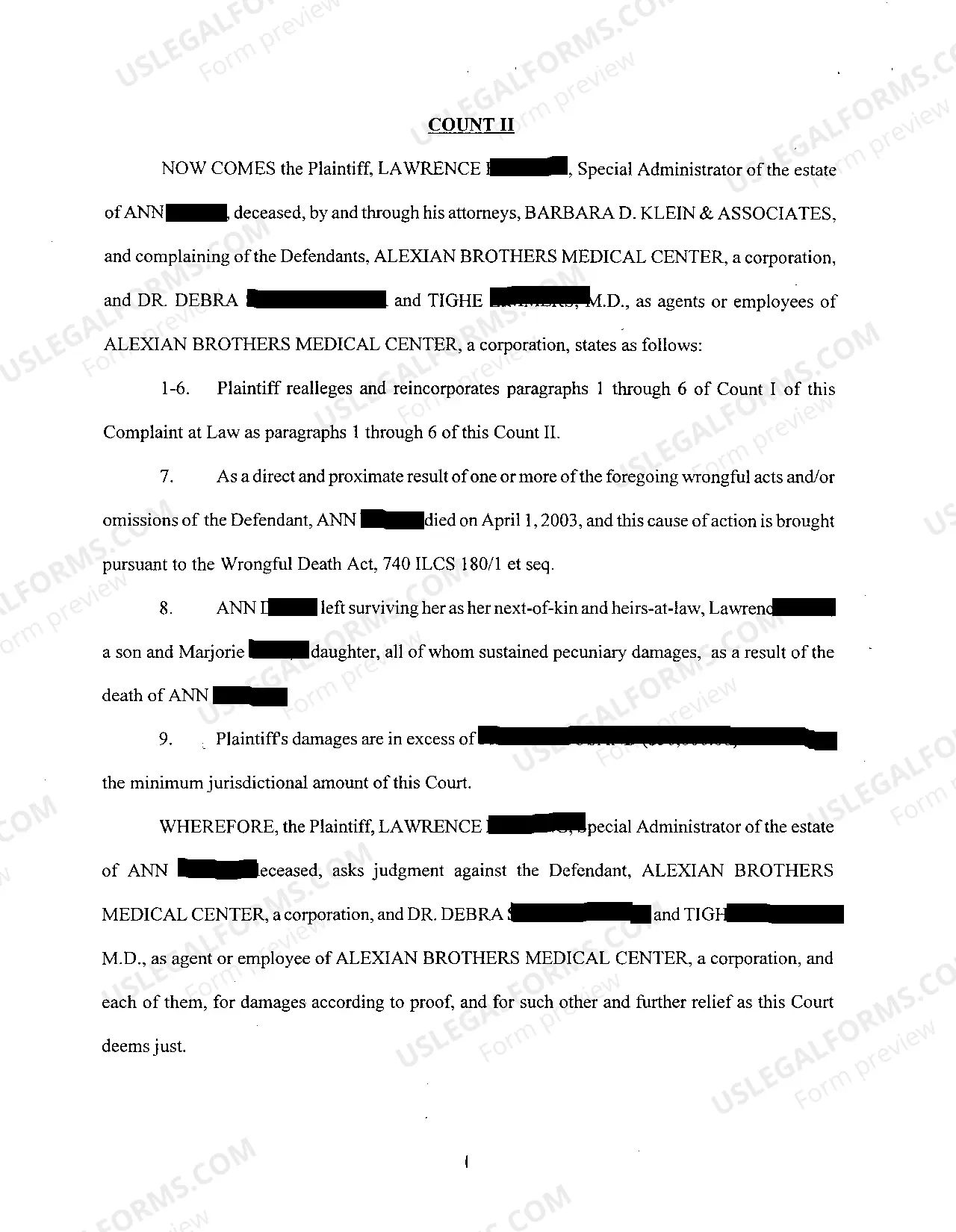 Preview A01 Complaint at Law Alleging Medical Malpractice Against Physicians and Hospital Involving Death of Patient From Lung Cancer