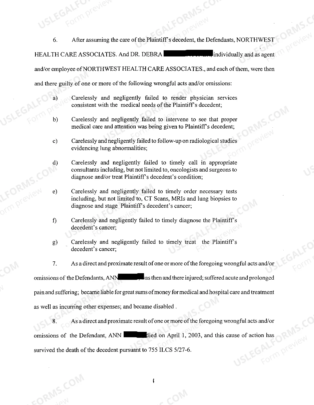 Preview A01 Complaint at Law Alleging Medical Malpractice Against Physicians and Hospital Involving Death of Patient From Lung Cancer