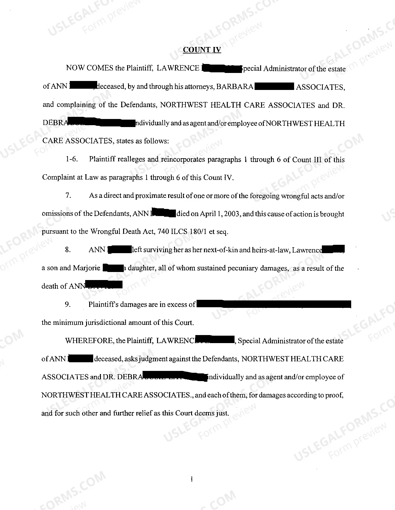 Preview A01 Complaint at Law Alleging Medical Malpractice Against Physicians and Hospital Involving Death of Patient From Lung Cancer