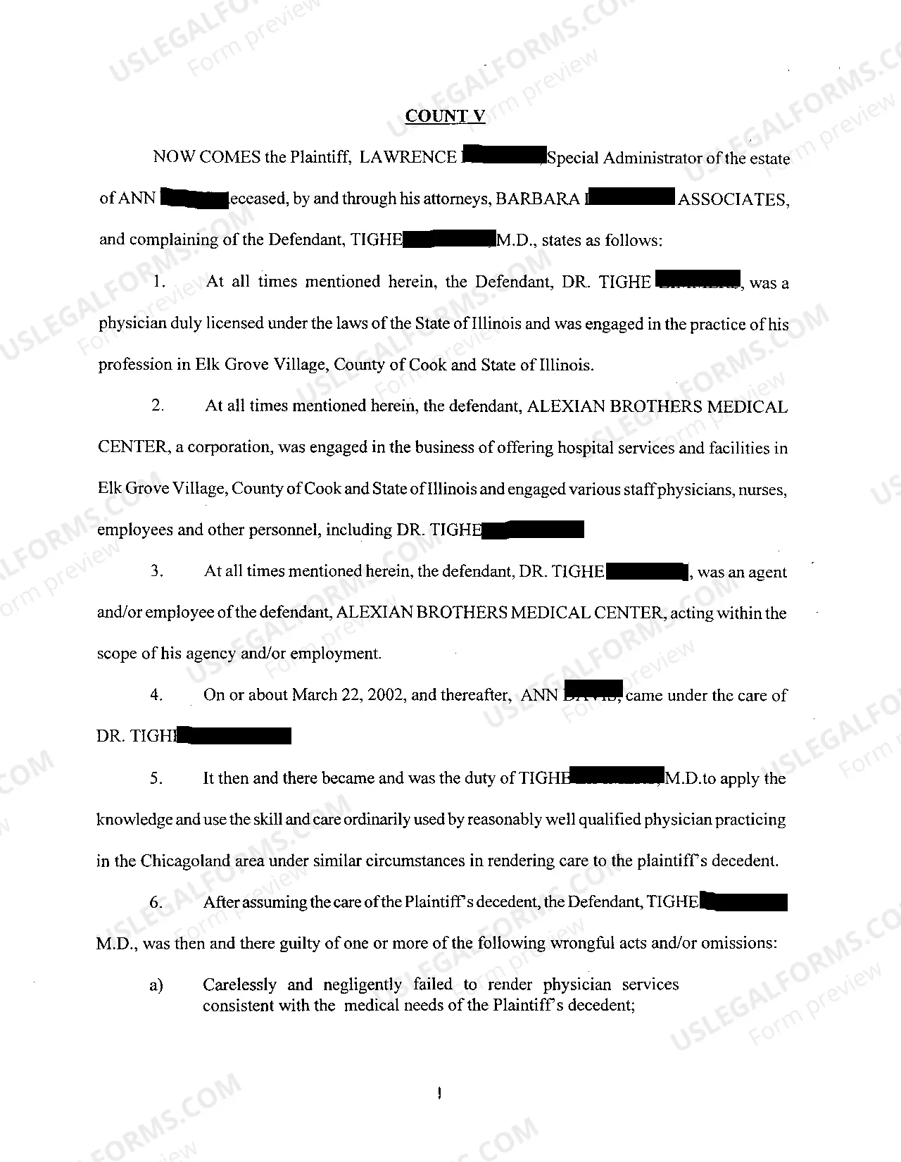 Preview A01 Complaint at Law Alleging Medical Malpractice Against Physicians and Hospital Involving Death of Patient From Lung Cancer