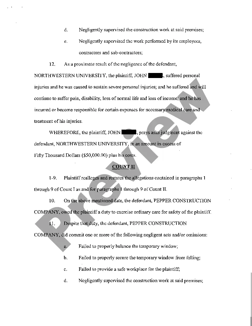 Preview A02 Complaint at Law Against University and Contractor for Injuries from Fallen Temporary Window