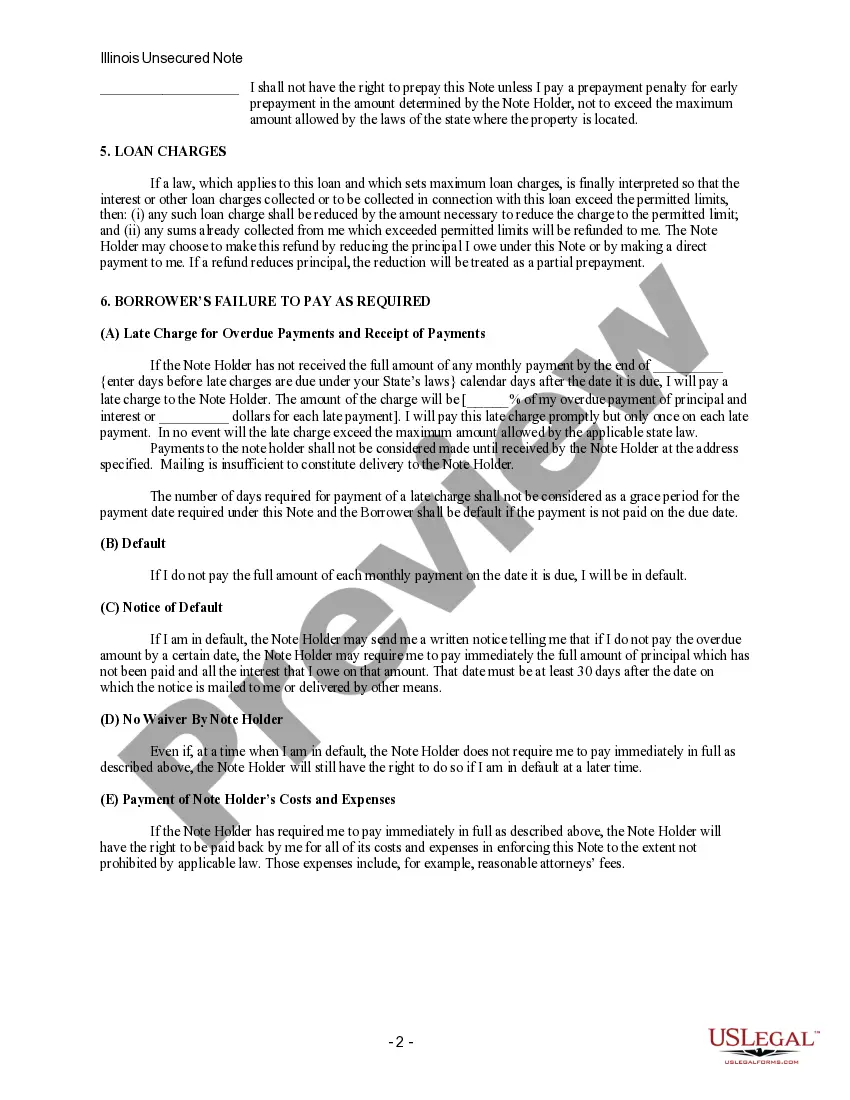 Get Illinois Unsecured Installment Payment Promissory Note for Fixed Rate Preview Illinois Unsecured Installment Payment Promissory Note for Fixed Rate