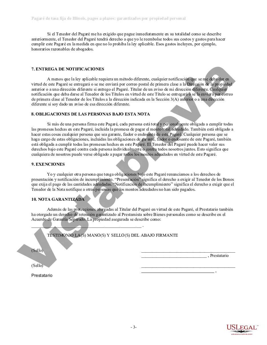 Preview Pagaré de tasa fija a plazos de Illinois garantizado por propiedad personal