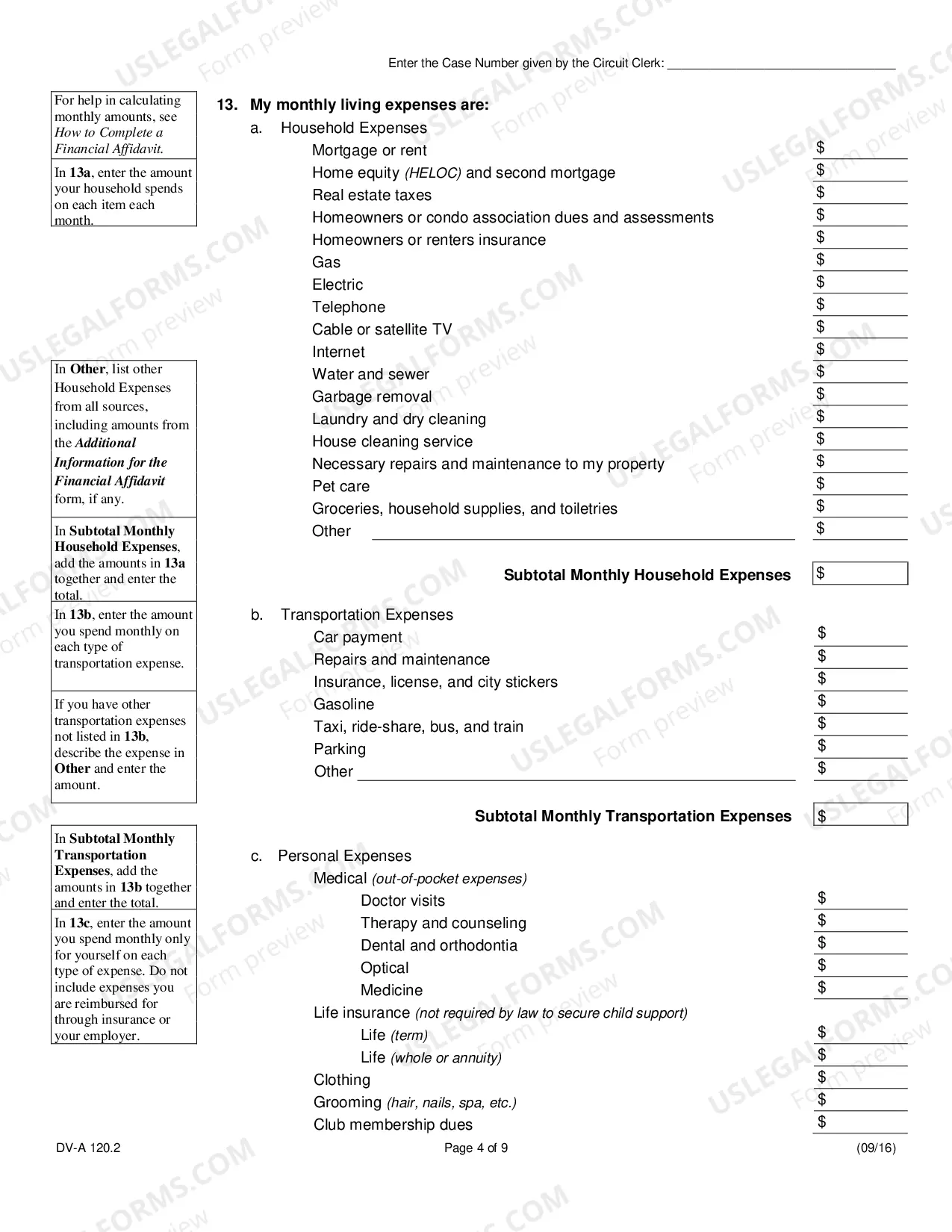 Preview Financial affidavit