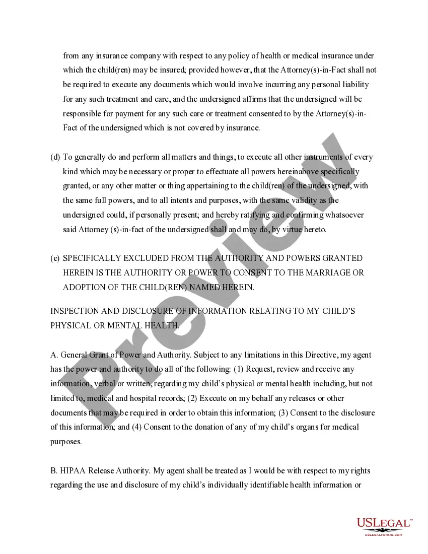 Preview General Power of Attorney for Care and Custody of Child or Children