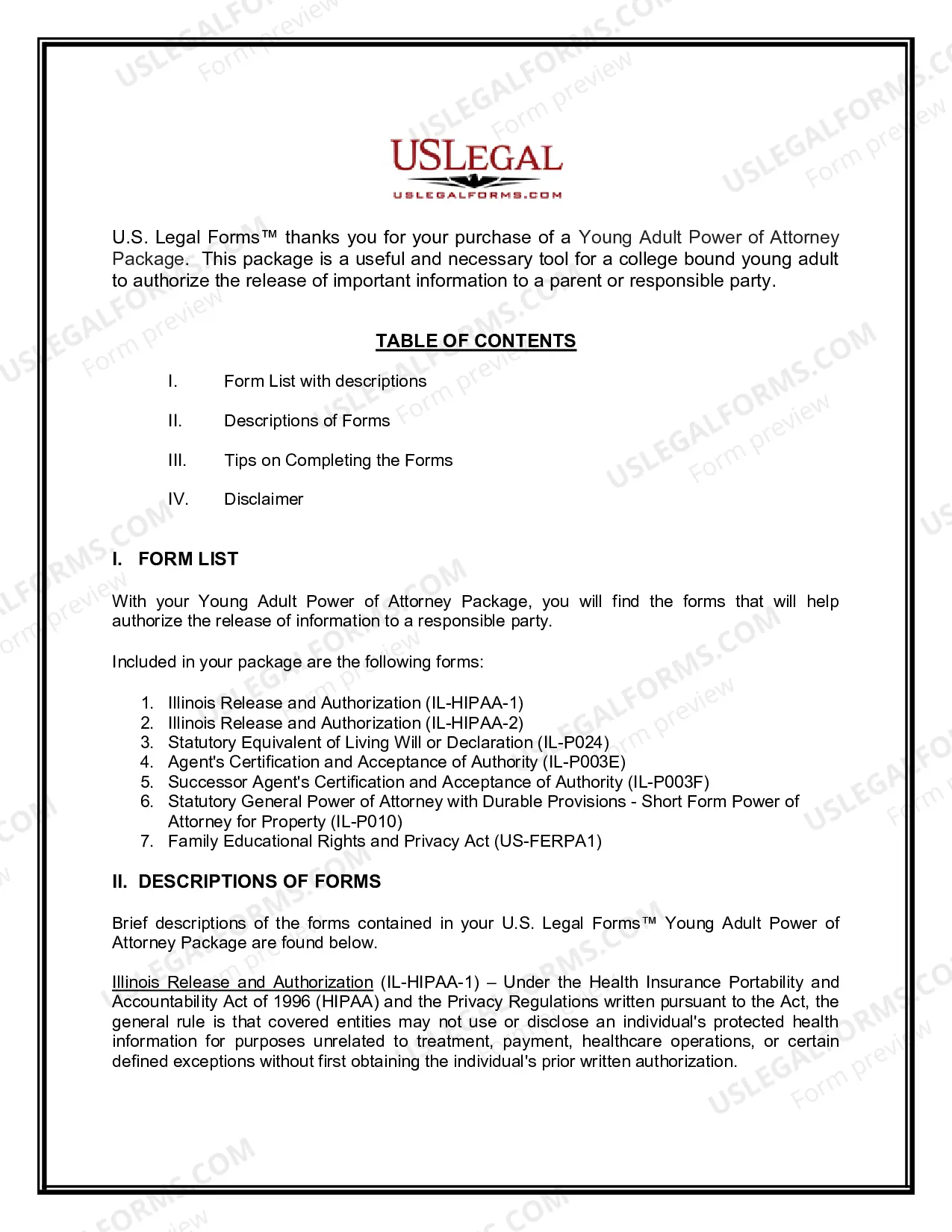 Preview Illinois Young Adult Power of Attorney Package