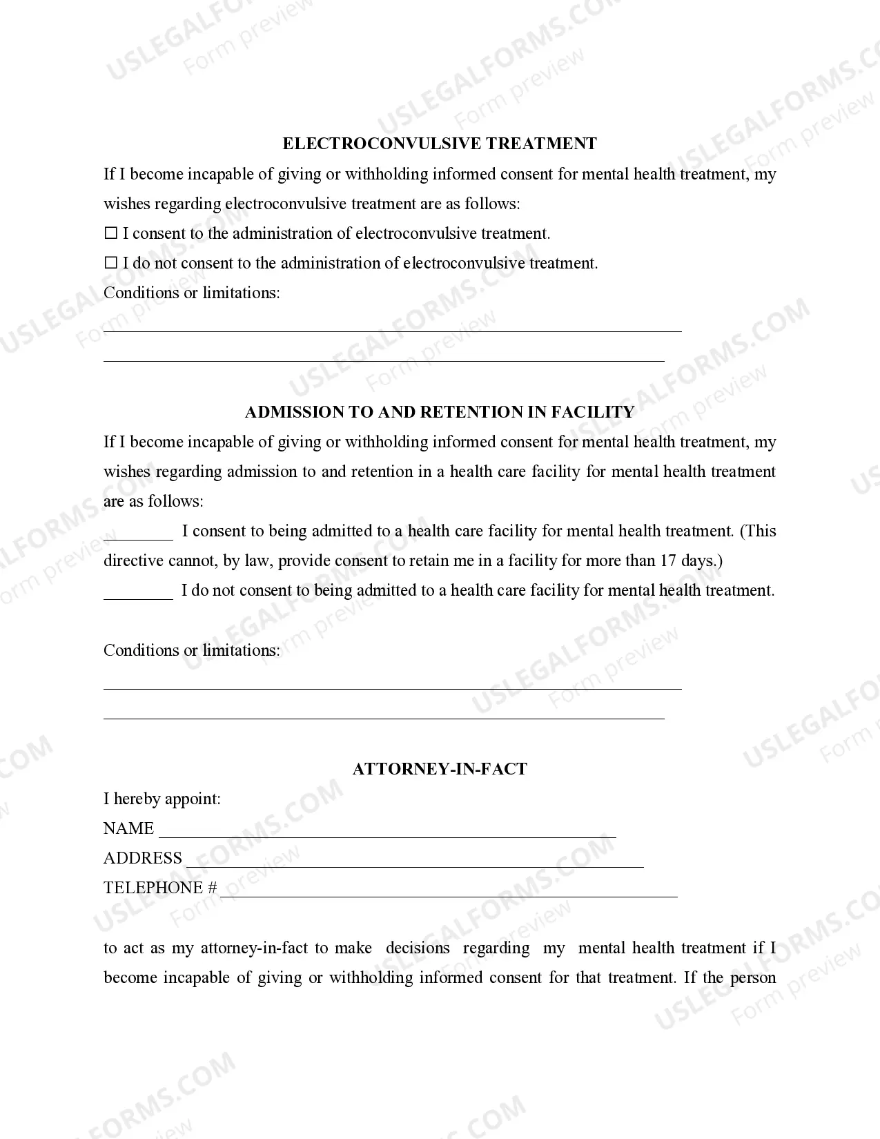 Preview Statutory Power of Attorney for Mental Health Care