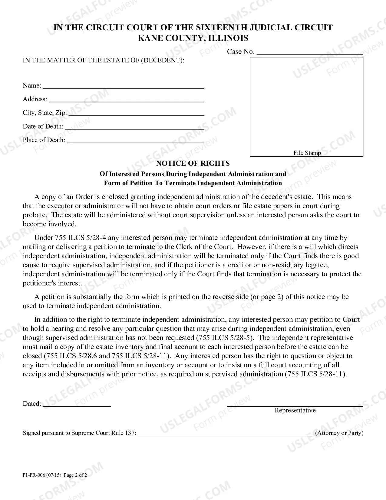Preview Petition To Terminate Independent administration and Notice Of Rights