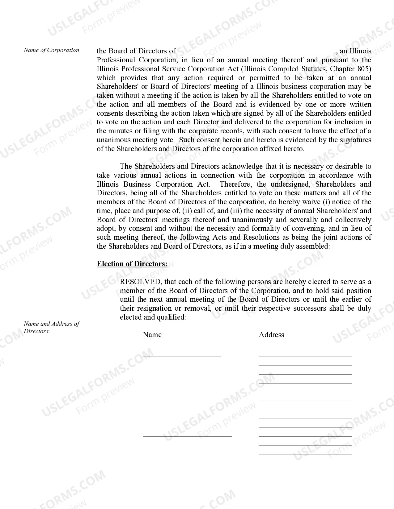 Preview Sample Annual Minutes for an Illinois Professional Corporation