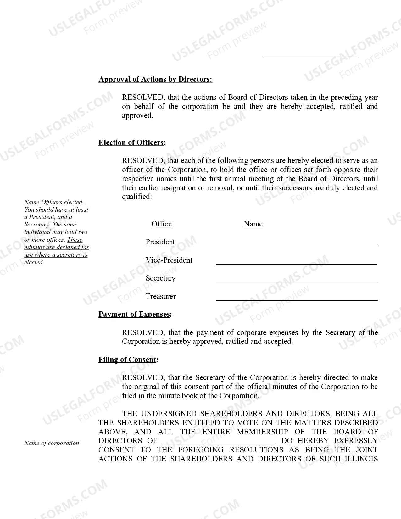 Preview Sample Annual Minutes for an Illinois Professional Corporation