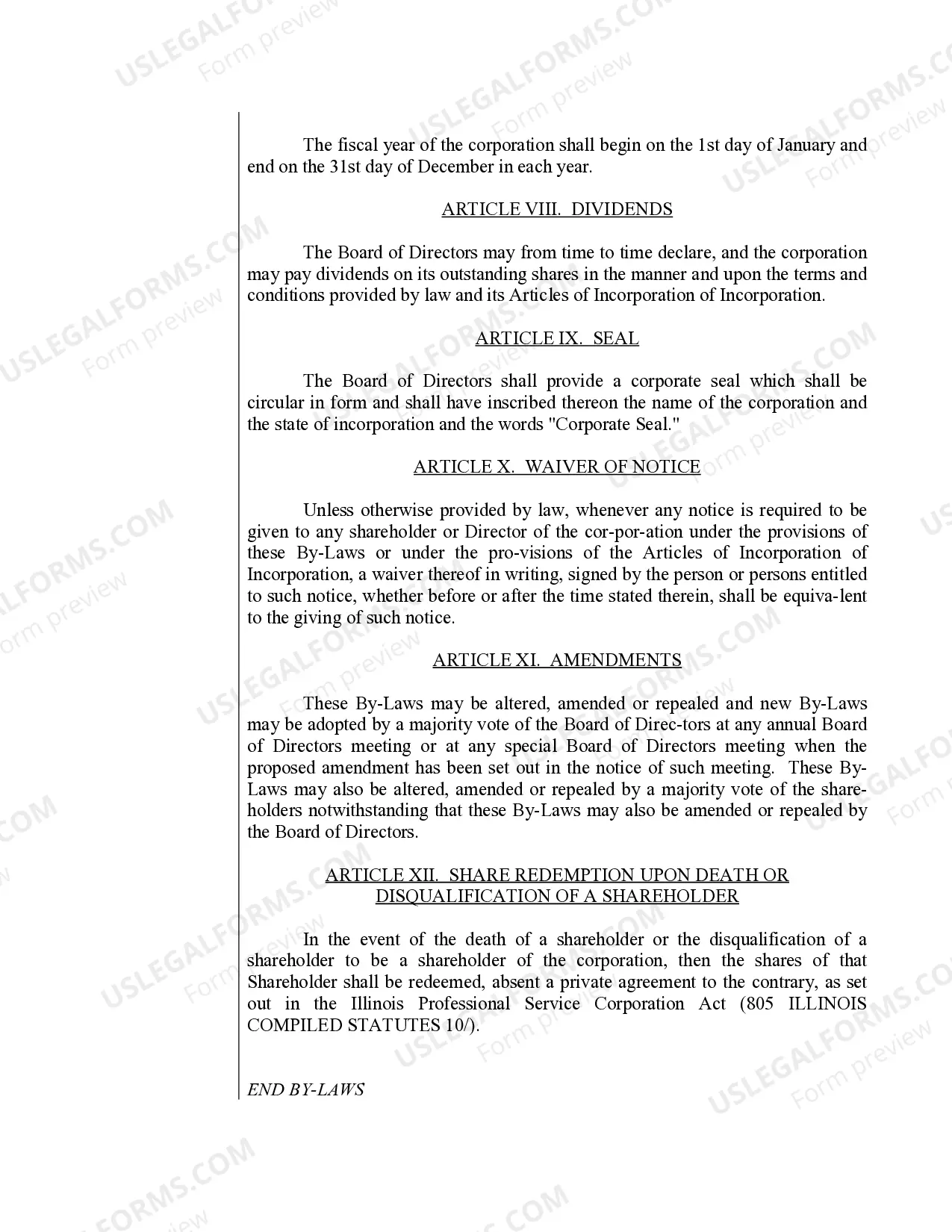 Preview Sample Bylaws for an Illinois Professional Corporation