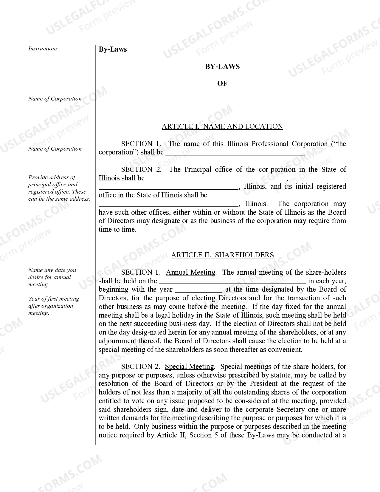 Preview Sample Bylaws for an Illinois Professional Corporation