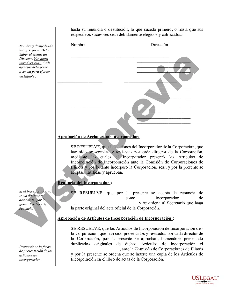 Preview Actas de organización para una corporación profesional de Illinois