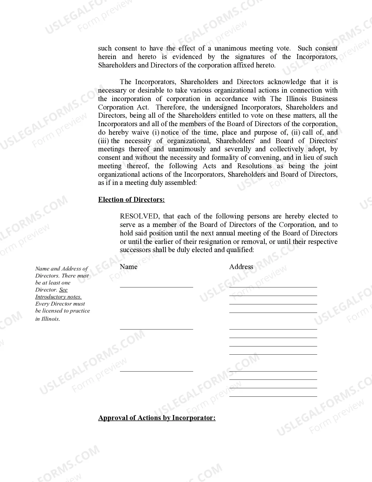 Preview Organizational Minutes for a Illinois Professional Corporation