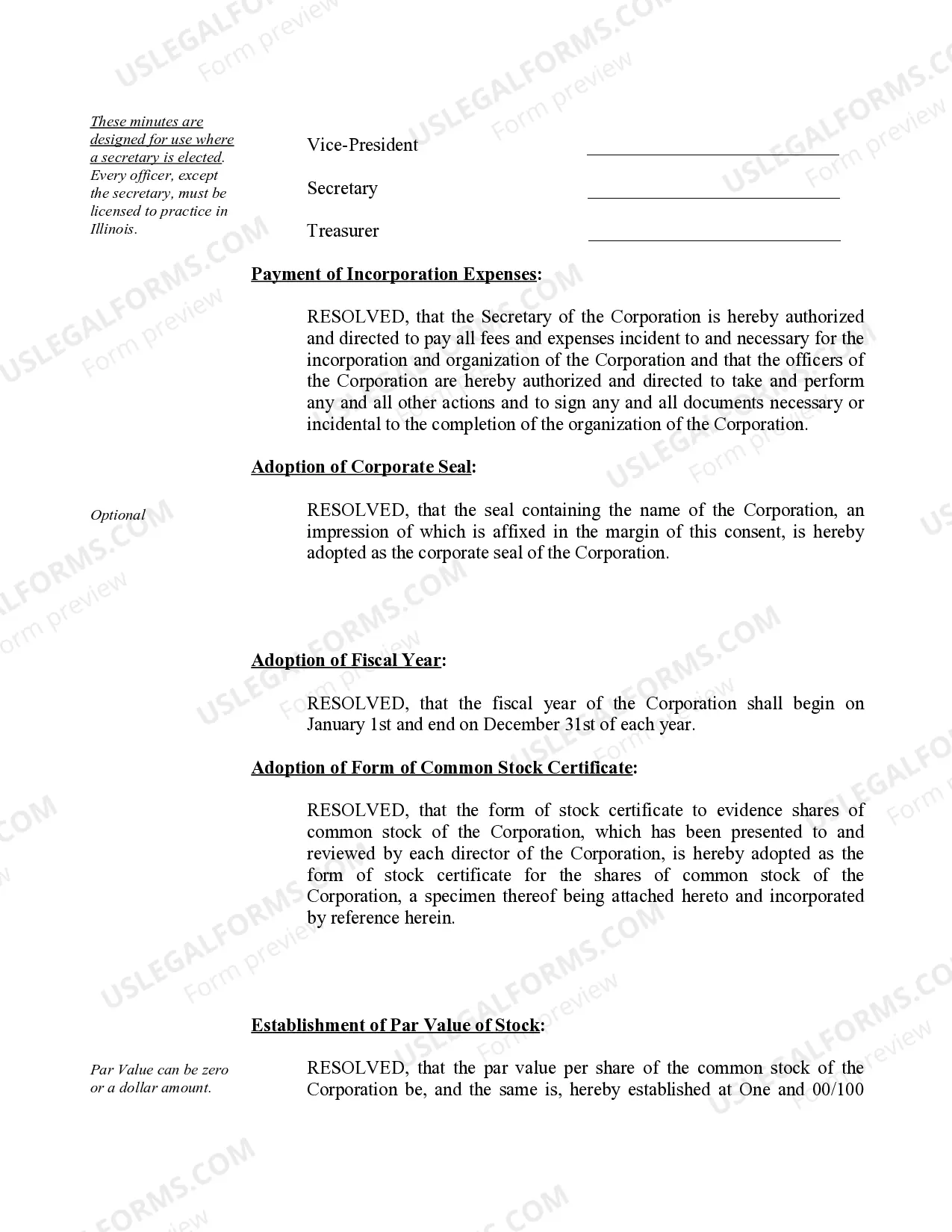 Preview Organizational Minutes for a Illinois Professional Corporation