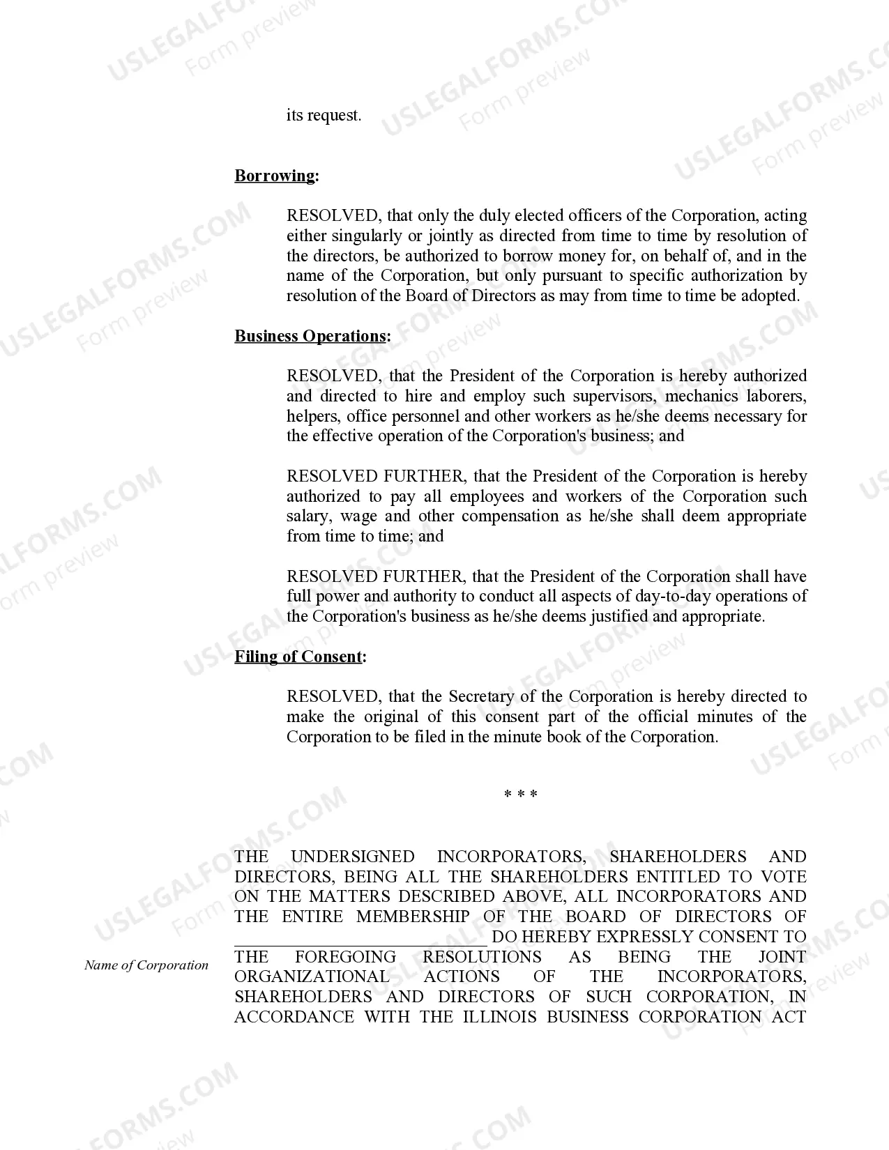 Preview Organizational Minutes for a Illinois Professional Corporation