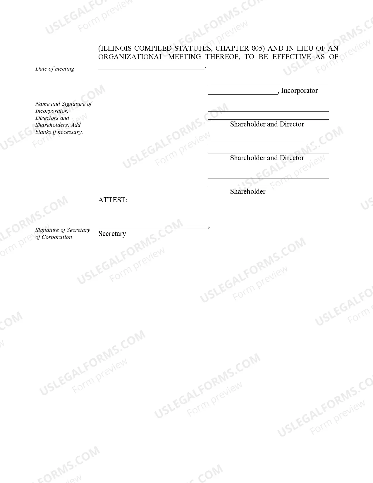 Preview Organizational Minutes for a Illinois Professional Corporation