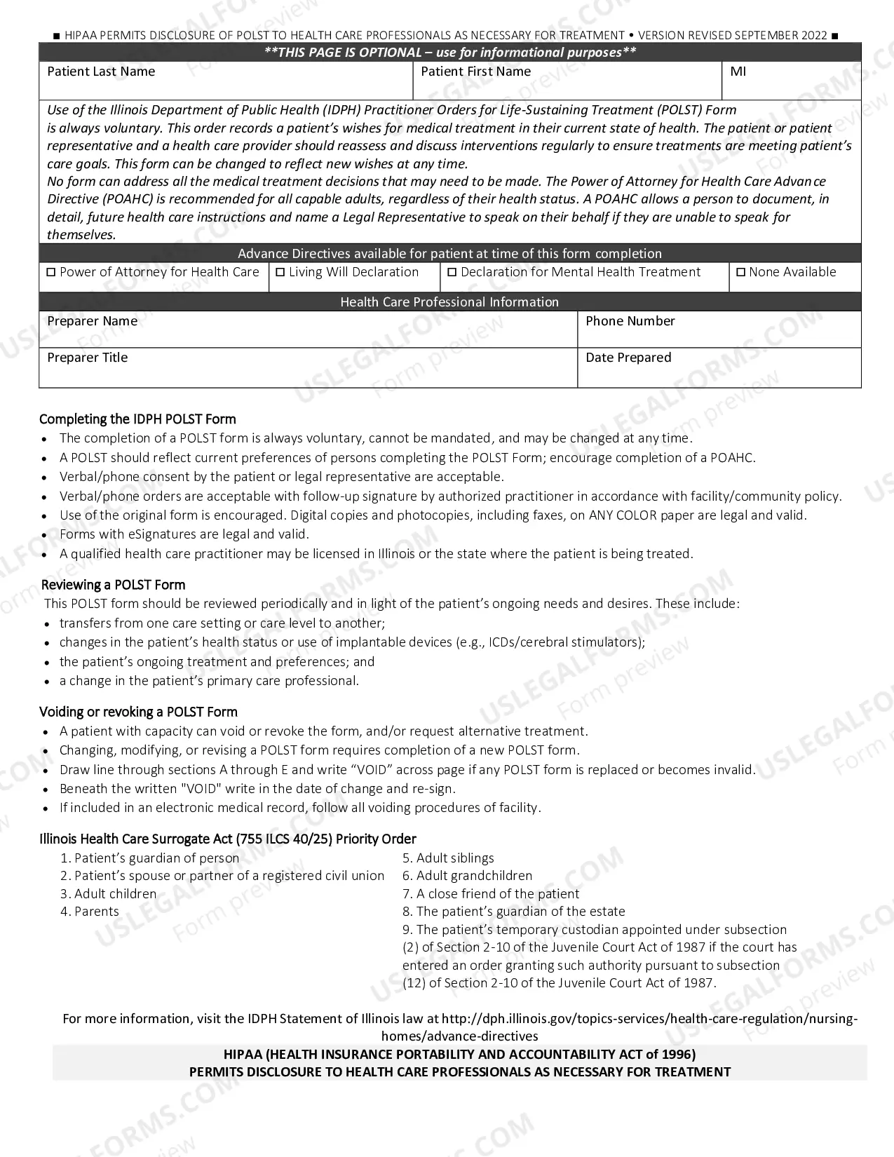 Preview Illinois Practitioner Order for Life Sustaining Treatment