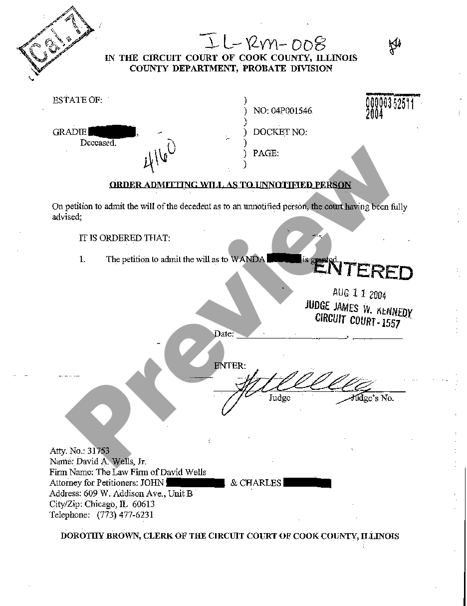 Cook Illinois Order Admitting Will As To Unmodified Person | US Legal Forms