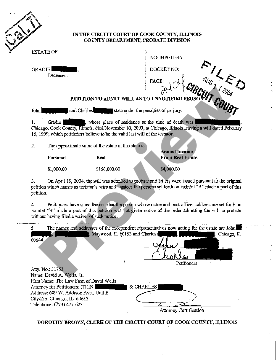 Illinois Order Admitting Will As To Unmodified Person | US Legal Forms