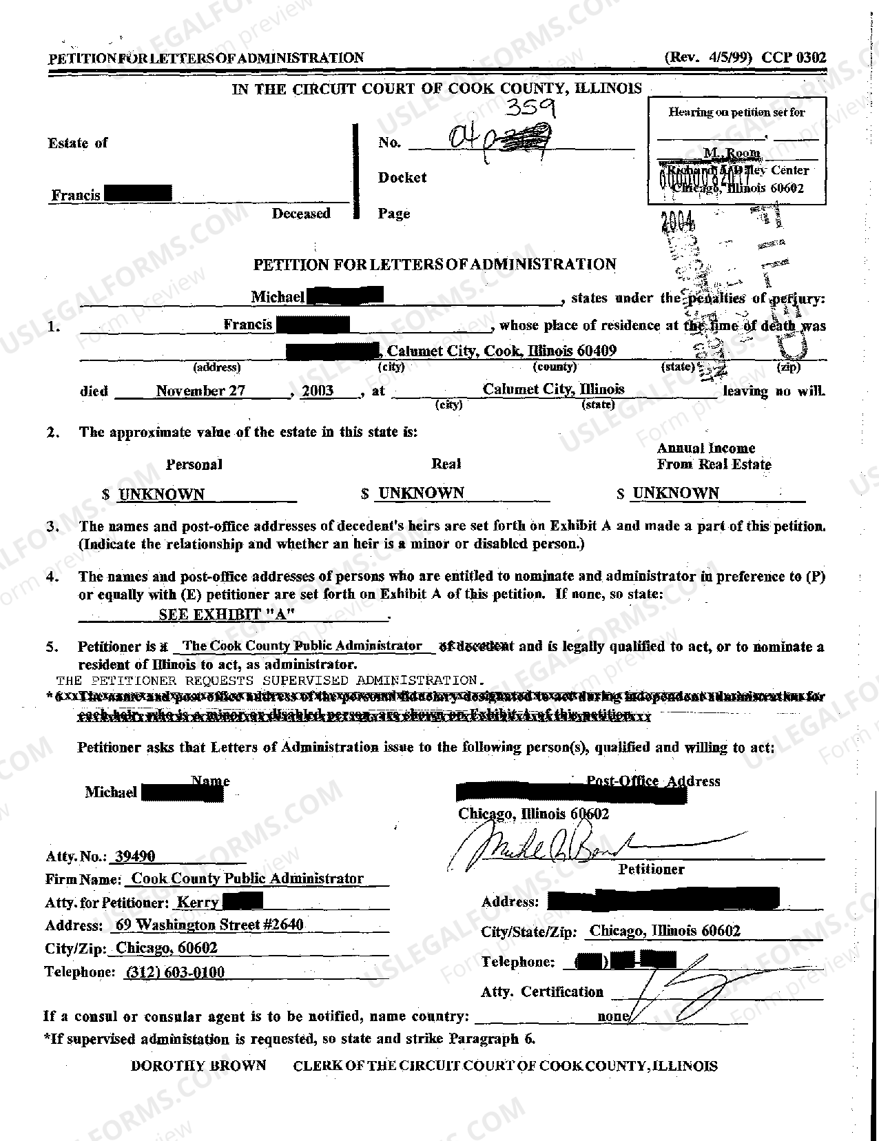 Chicago Illinois Order Appointing Representative Of Decedent's Estate