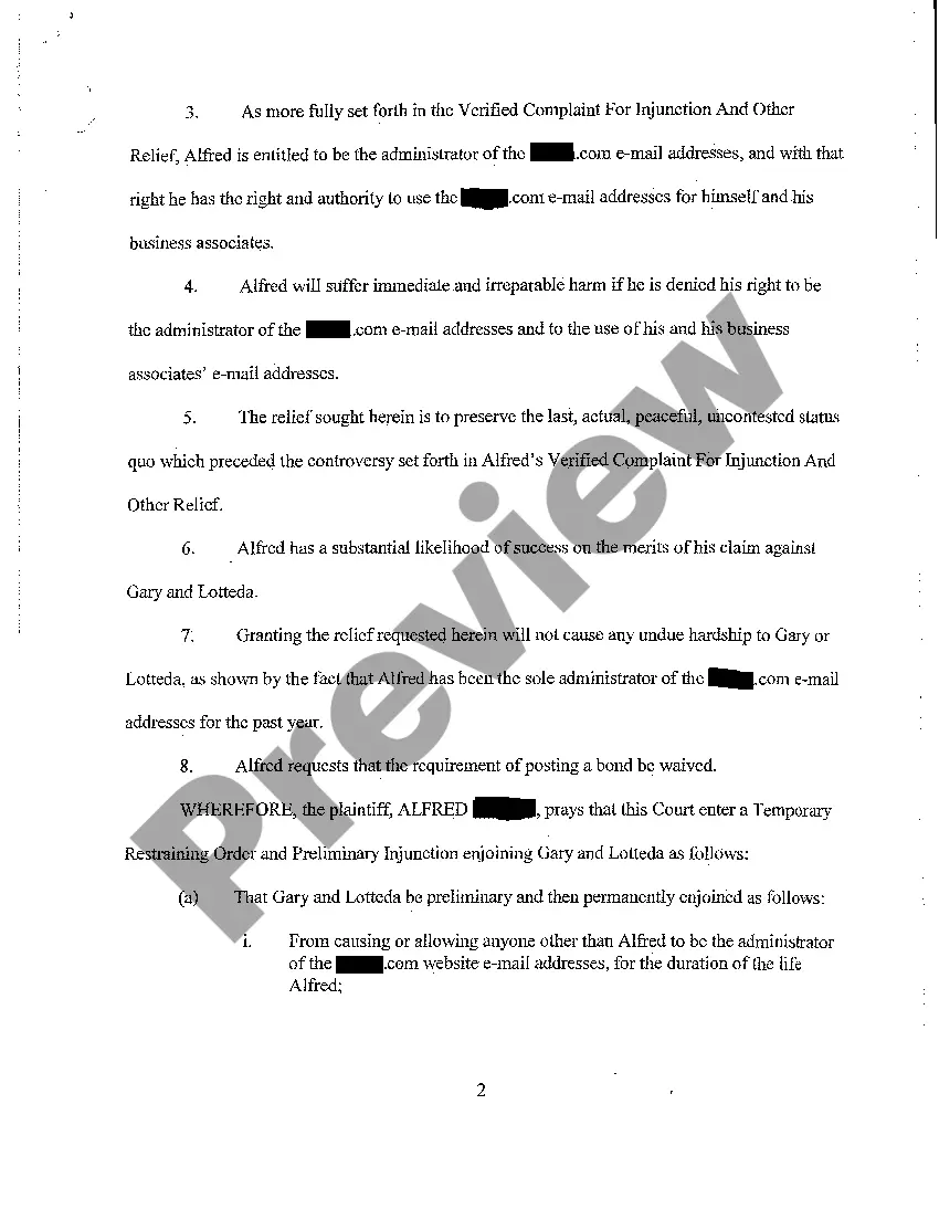Get Motion For Temporary Restraining Order and Preliminary Injunction regarding Use of Company EMail Addresses Preview Motion For Temporary Restraining Order and Preliminary Injunction regarding Use of Company EMail Addresses
