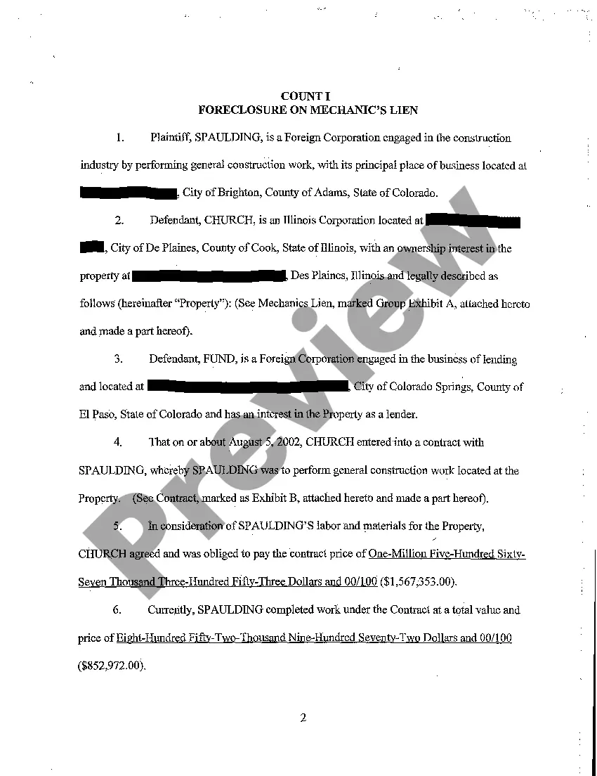 Preview Verified Complaint To Foreclose On Mechanic's Lien And For Other Relief