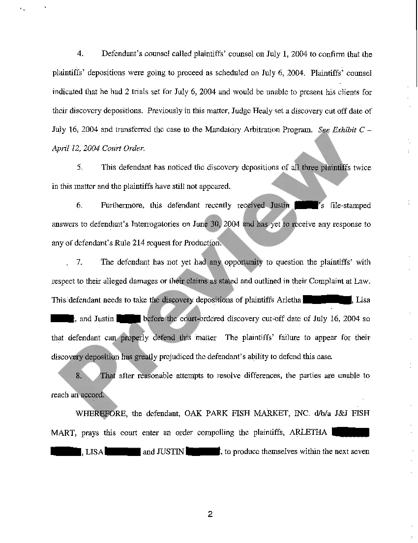 Preview Motion To Compel Plaintiff's Appearance at Deposition regarding food poisoning claim