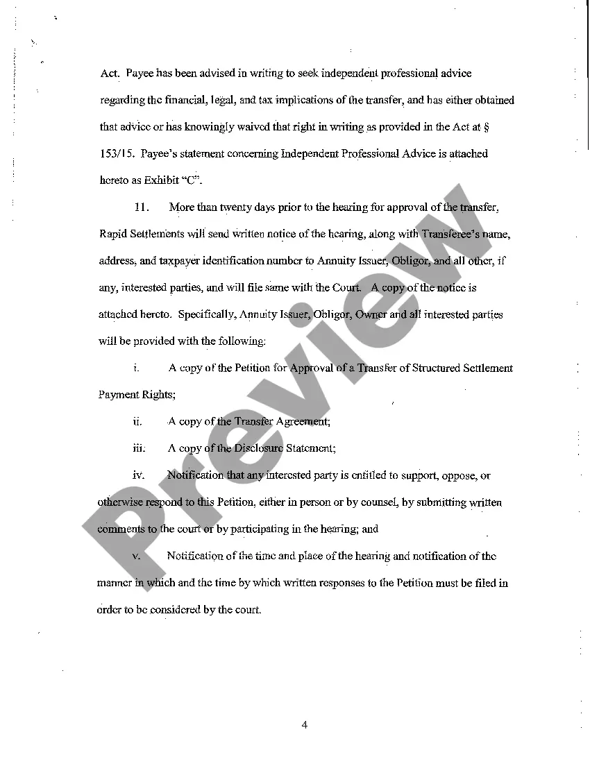 Preview A01 Petition for Approval of Transfer of Structured Settlement Payment Rights