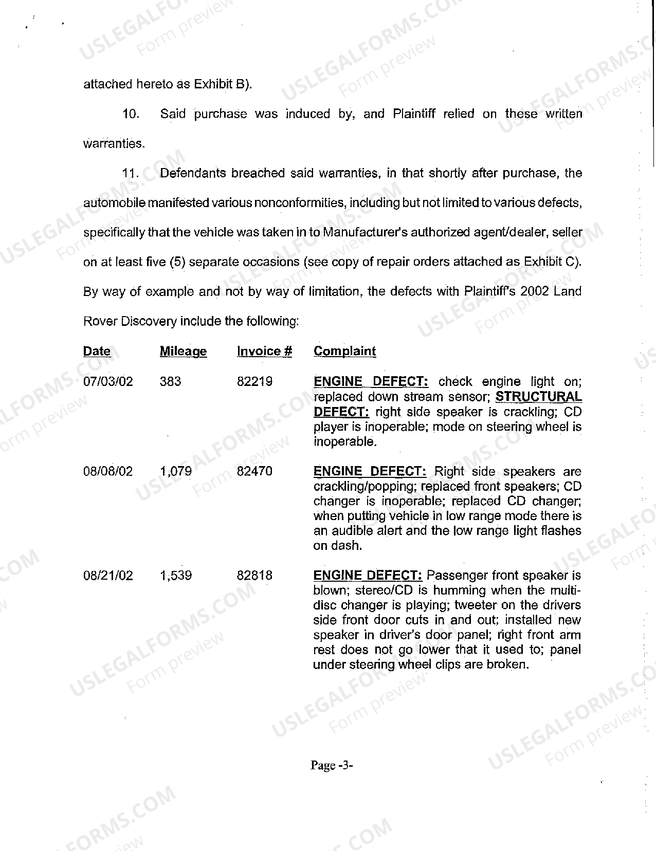 Illinois Complaint Against Car Manufacturer for Breach of Warranty