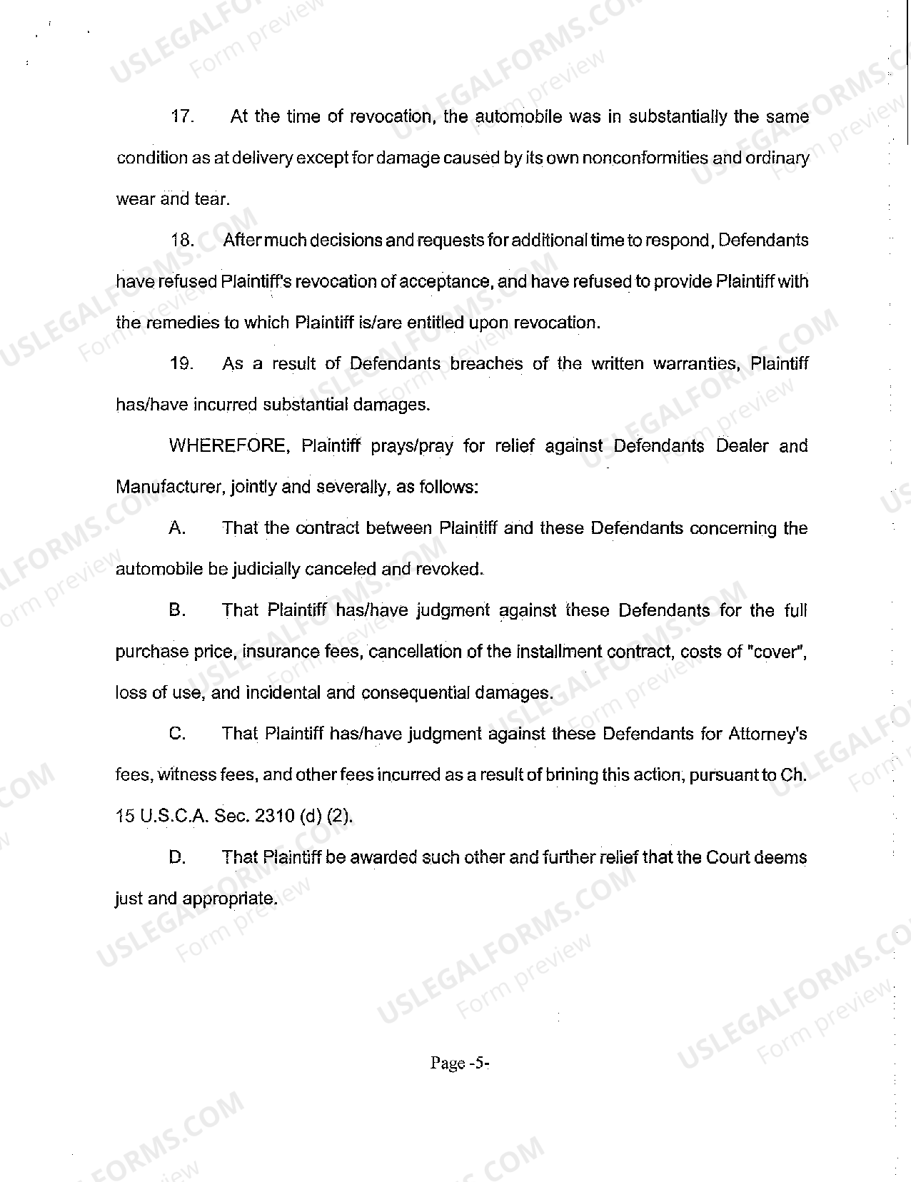 Illinois Complaint Against Car Manufacturer for Breach of Warranty