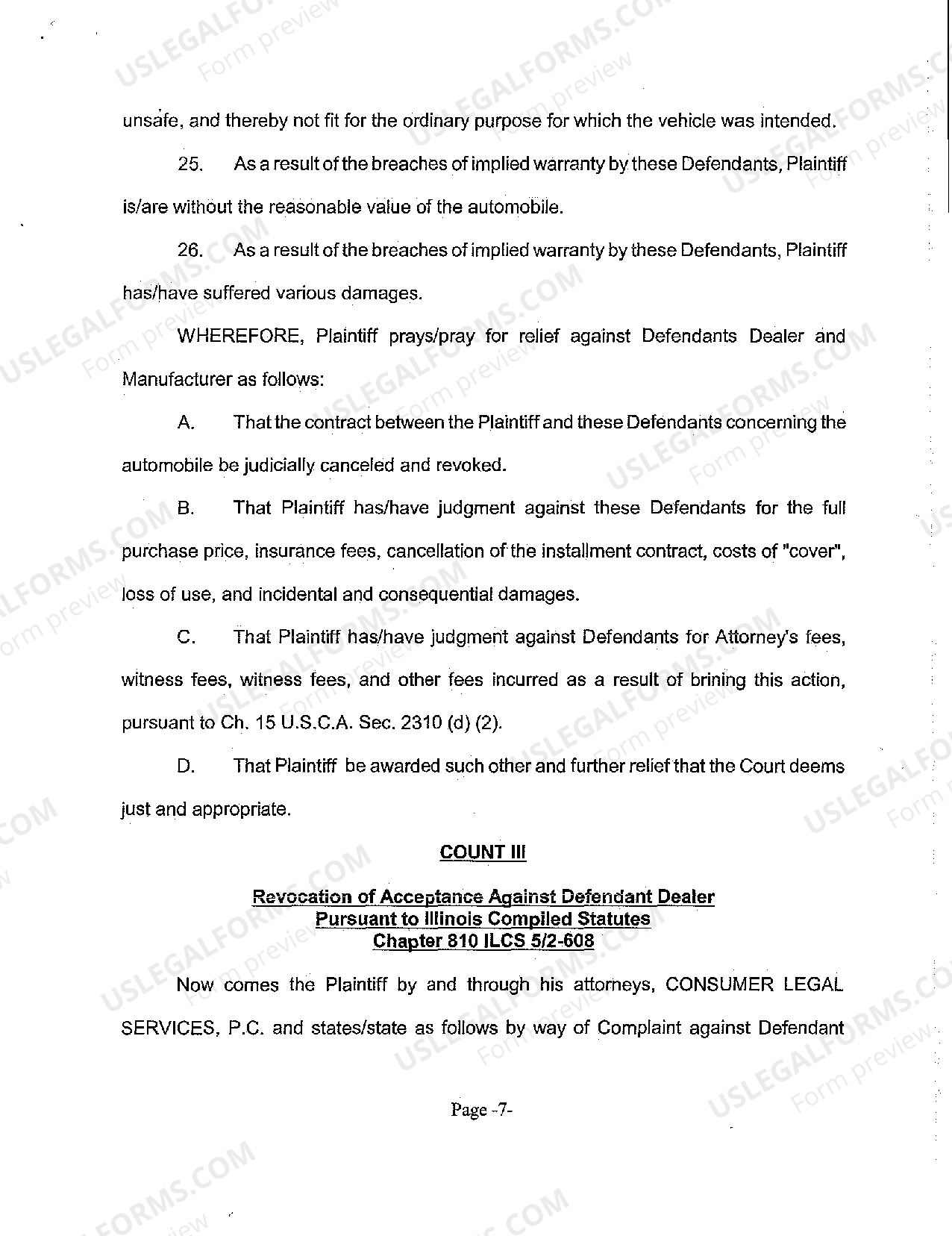 Illinois Complaint Against Car Manufacturer for Breach of Warranty