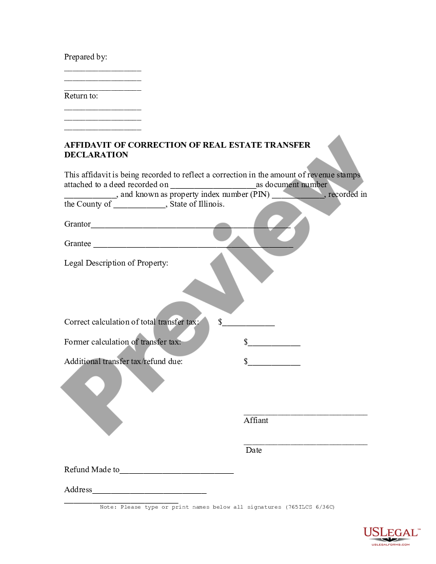 Illinois Affidavit of Correction of Real Estate Transfer Declaration ...