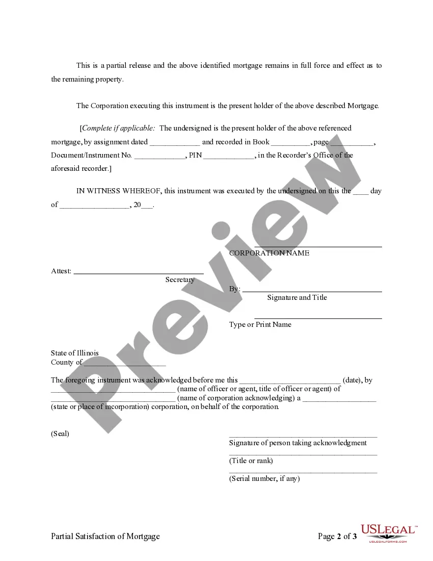 Preview Partial Release of Property From Mortgage for Corporation