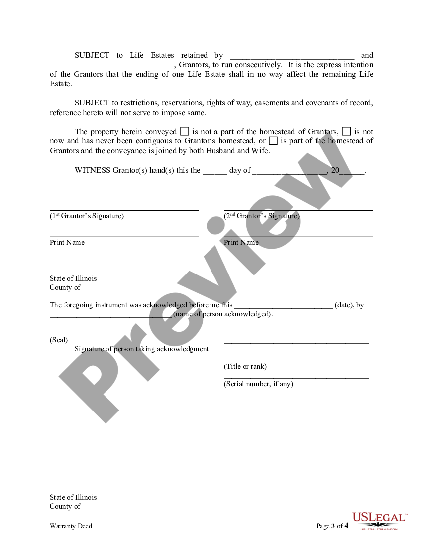 Illinois Warranty Deed for Parents to Child with Reservation of Life ...