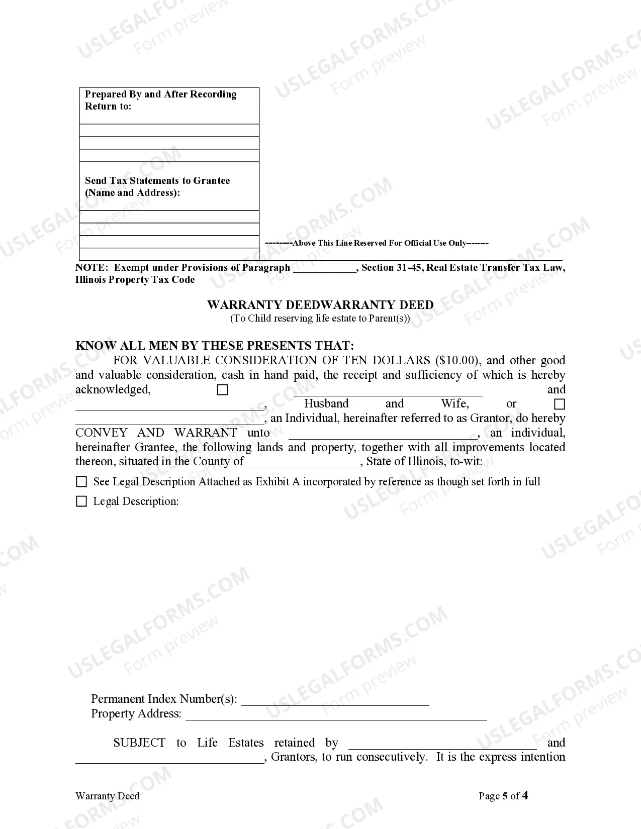 Preview Warranty Deed for Parents to Child with Reservation of Life Estate