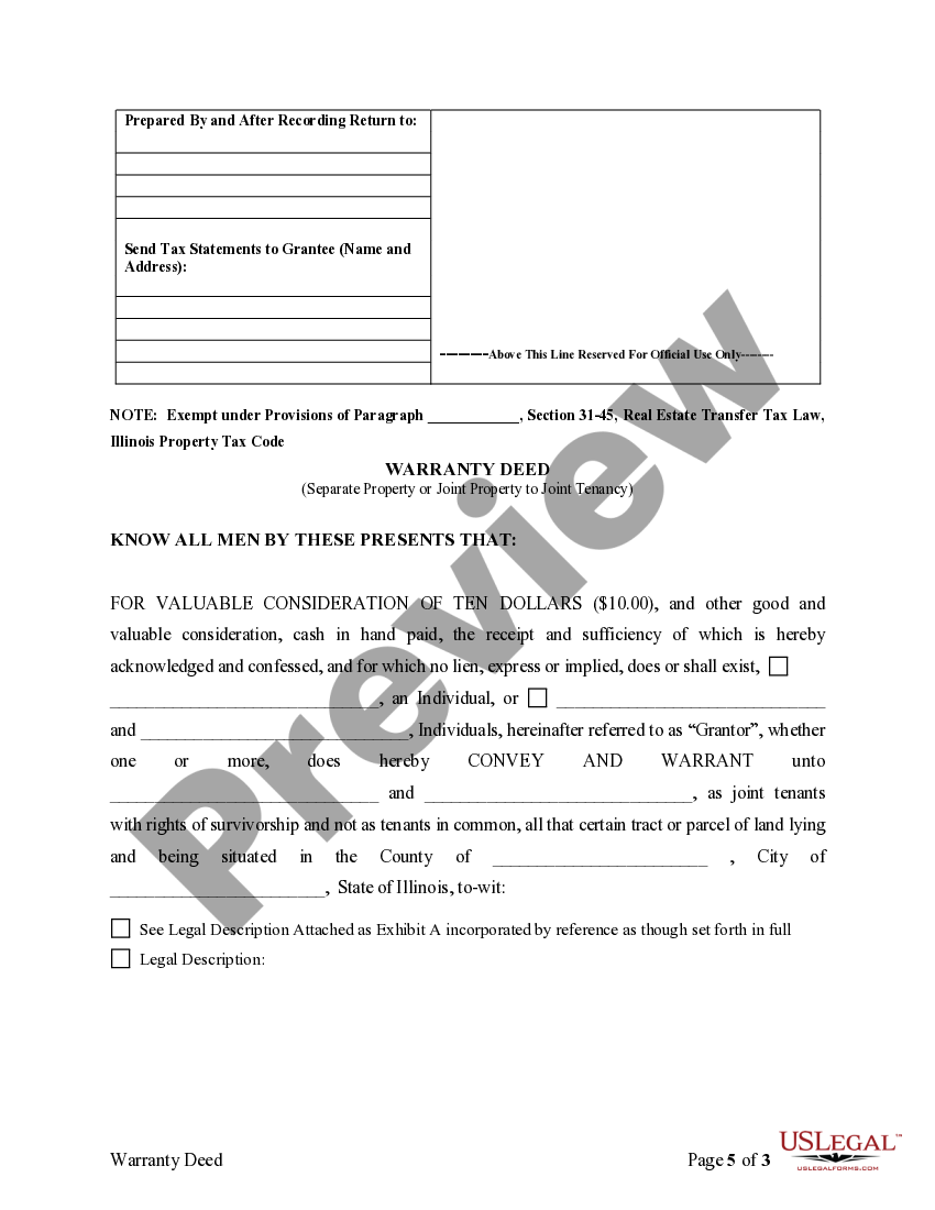Illinois Warranty Deed for Separate or Joint Property to Joint Tenancy